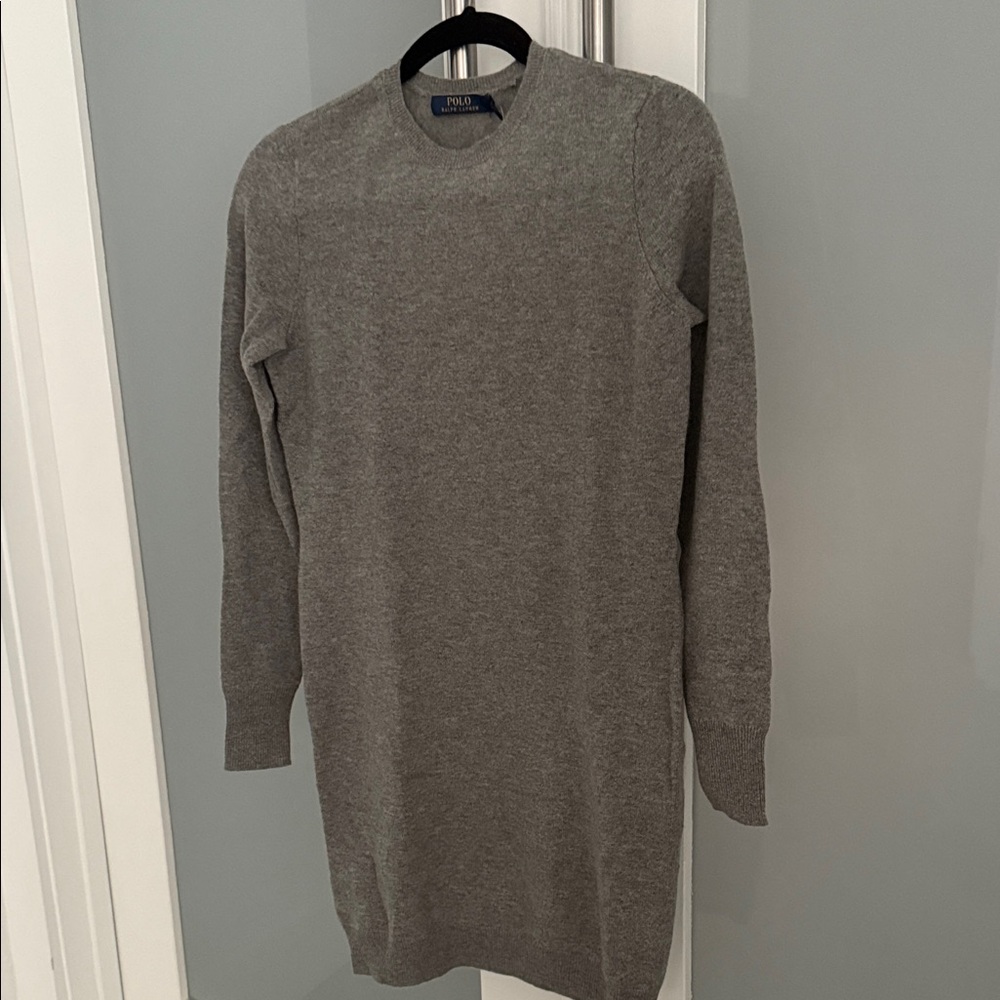 NWT Polo Ralph Lauren Gray Merino Wool Sweater Dress with leather suede patches